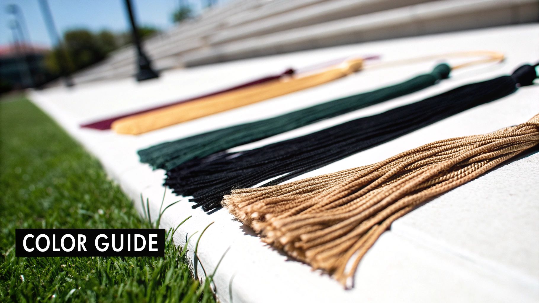 Various colored graduation tassels in gold, black, green, yellow, and maroon on white steps.
