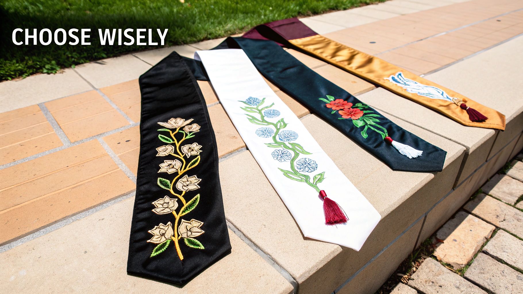 Four custom embroidered graduation stoles with floral designs and tassels displayed outdoors.
