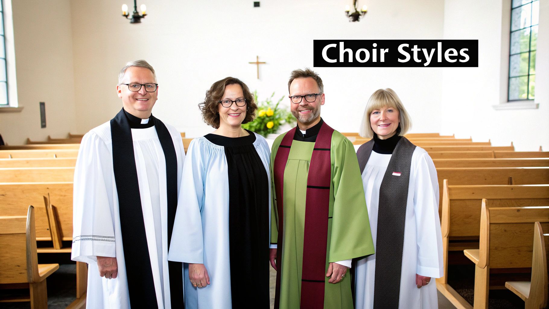Four people in various church robes and stoles, smiling in a church interior with pews.