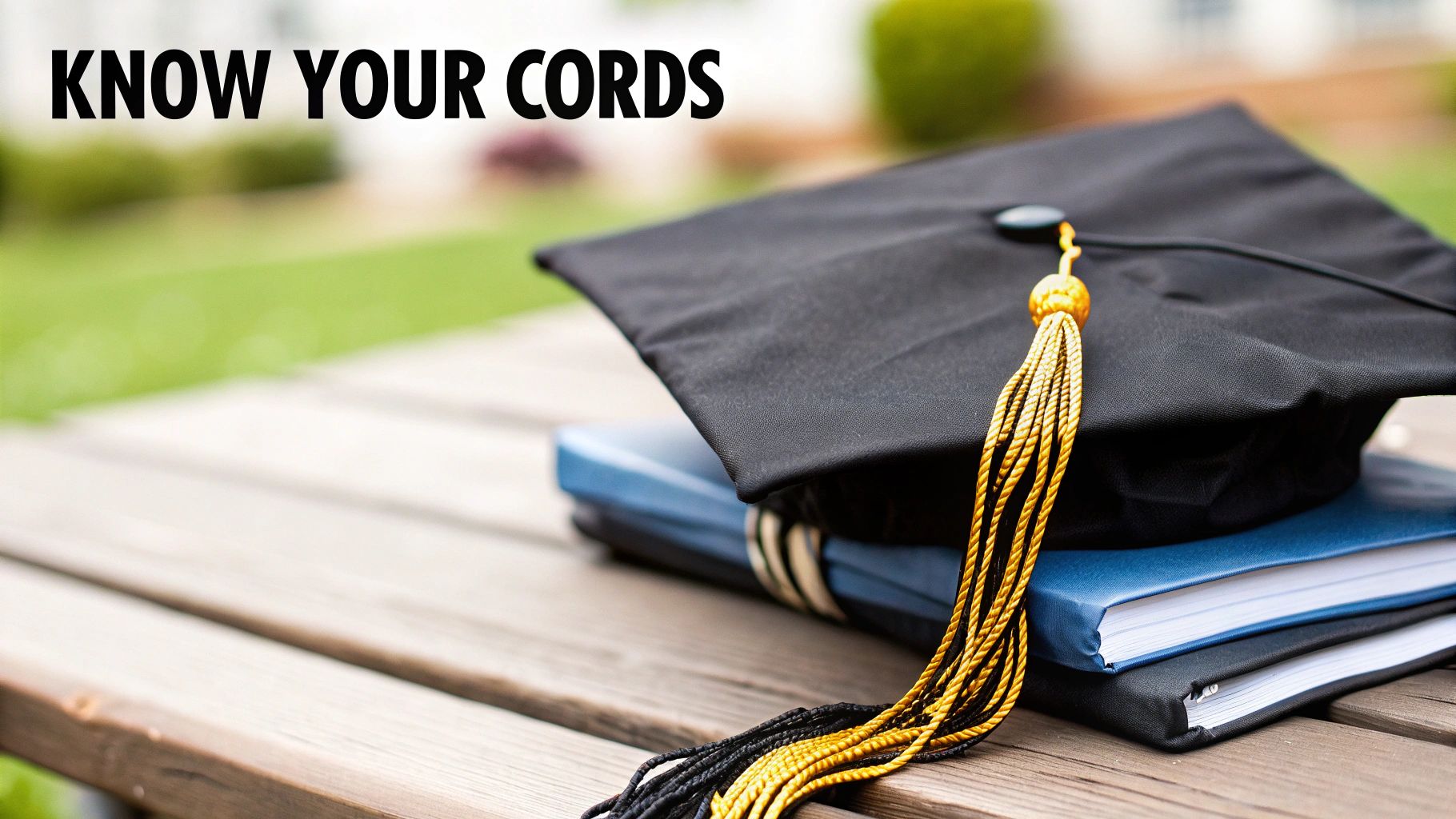 A black graduation cap with a gold and black honor cord tassel rests on blue books on a wooden table.
