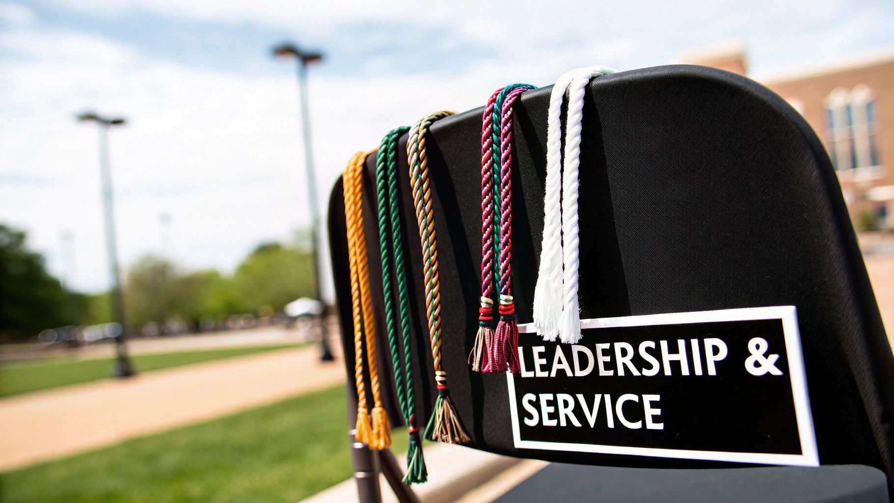 Colorful graduation honor cords draped over a black chair with a 'Leadership & Service' sign outdoors.
