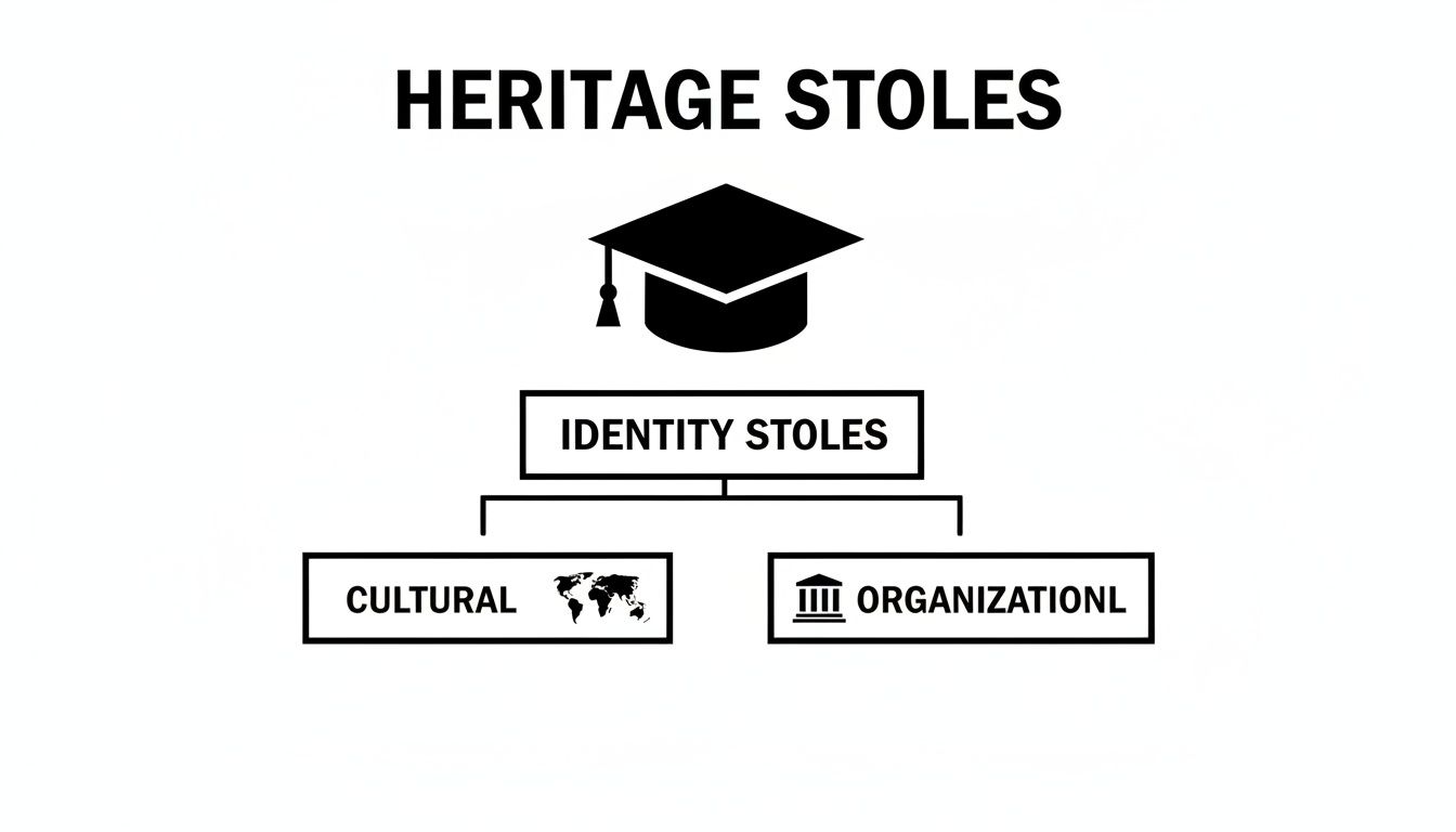 A diagram illustrates heritage stoles branching into identity stoles, cultural, and organizational categories, with a graduation cap icon.