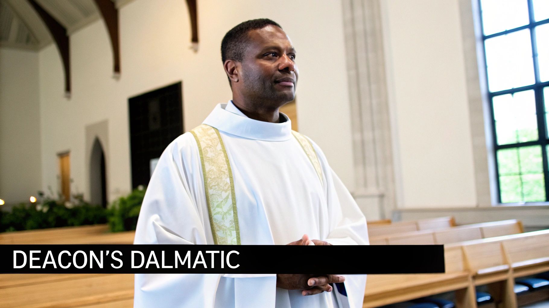 A Black man, likely a deacon, stands in a church wearing a white dalmatic with gold and green trim.