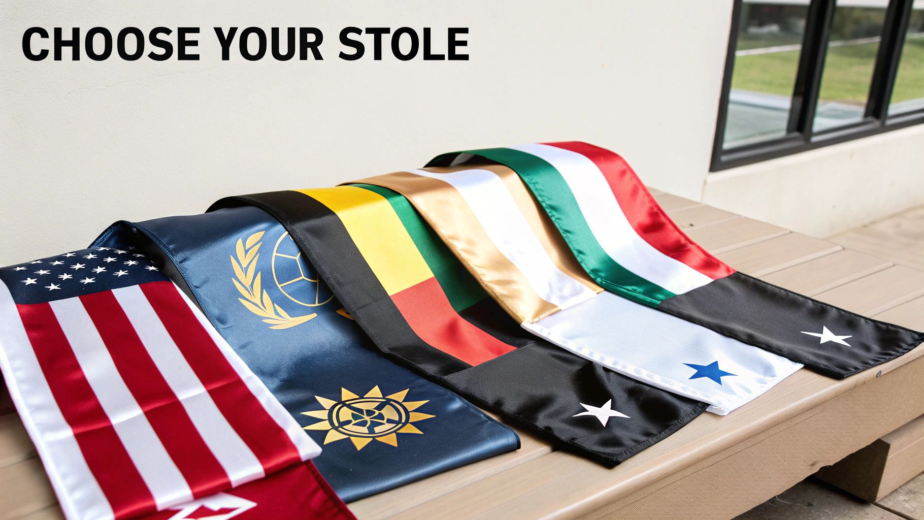 A collection of colorful international flag stoles and symbolic sashes for graduation.
