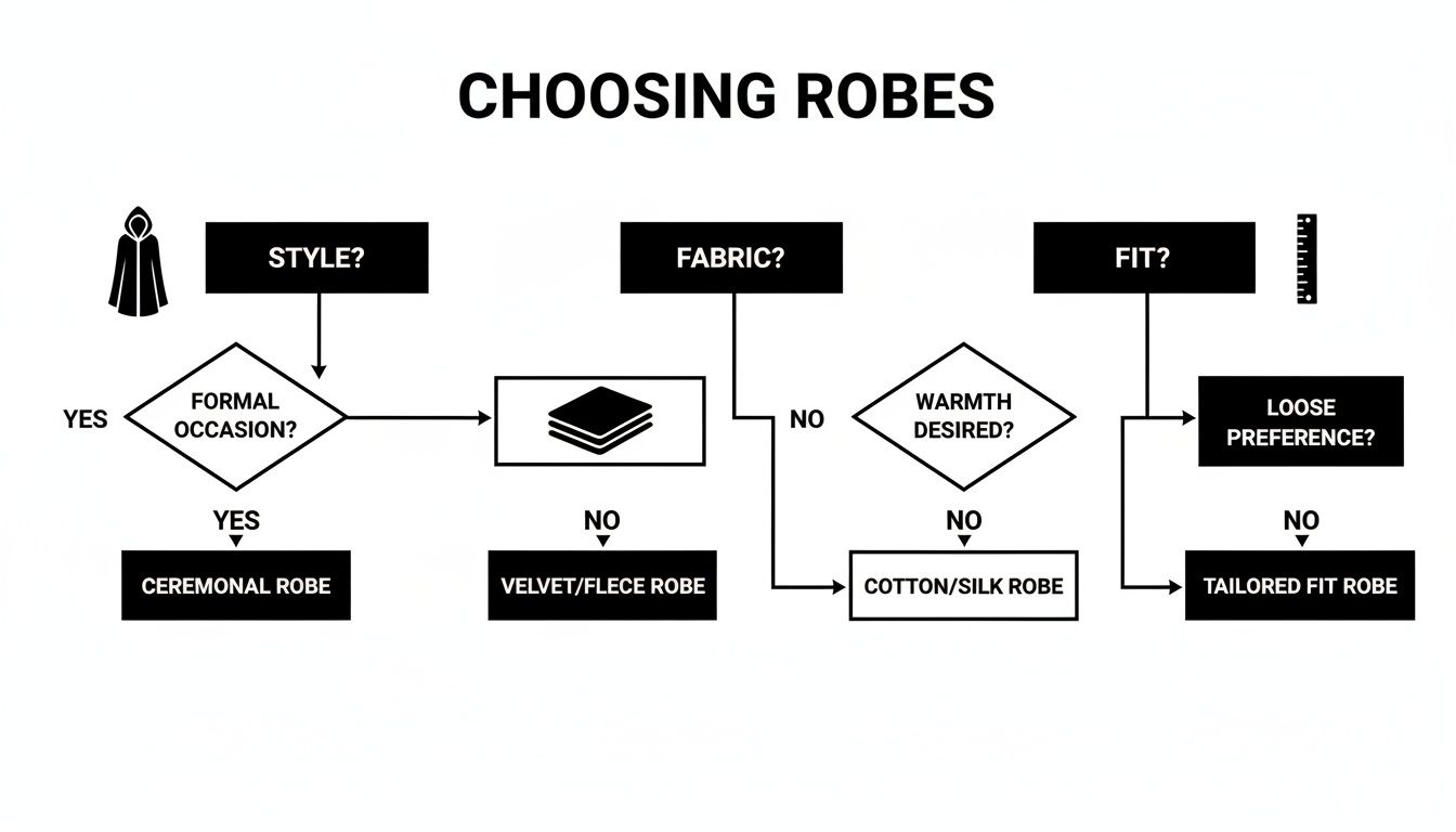 Flowchart detailing the selection of robes based on style, fabric, and fit preferences.