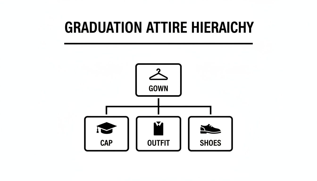 A black and white diagram illustrating the hierarchy of graduation attire, including gown, cap, outfit, and shoes.