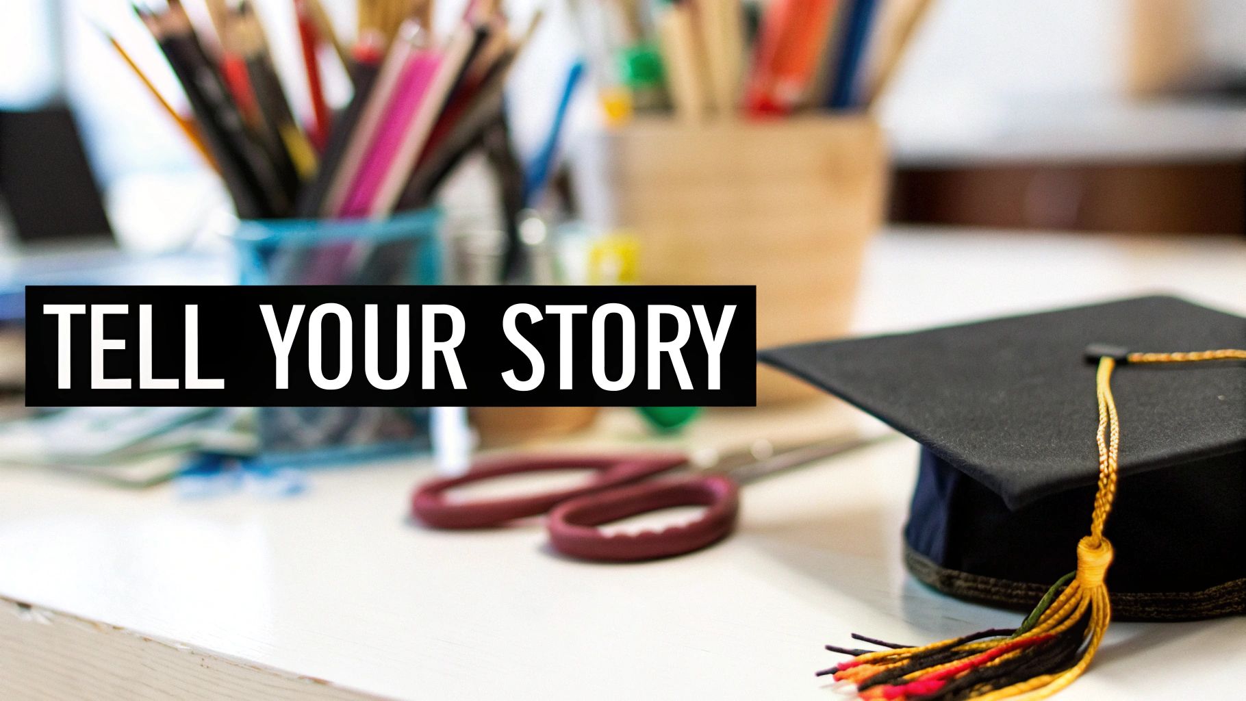 A graduation cap with a colorful tassel on a desk with blurred art supplies and 'TELL YOUR STORY' text.