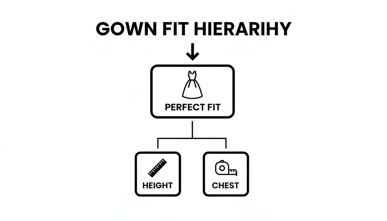A diagram illustrating the gown fit hierarchy, showing perfect fit depends on height and chest measurements.