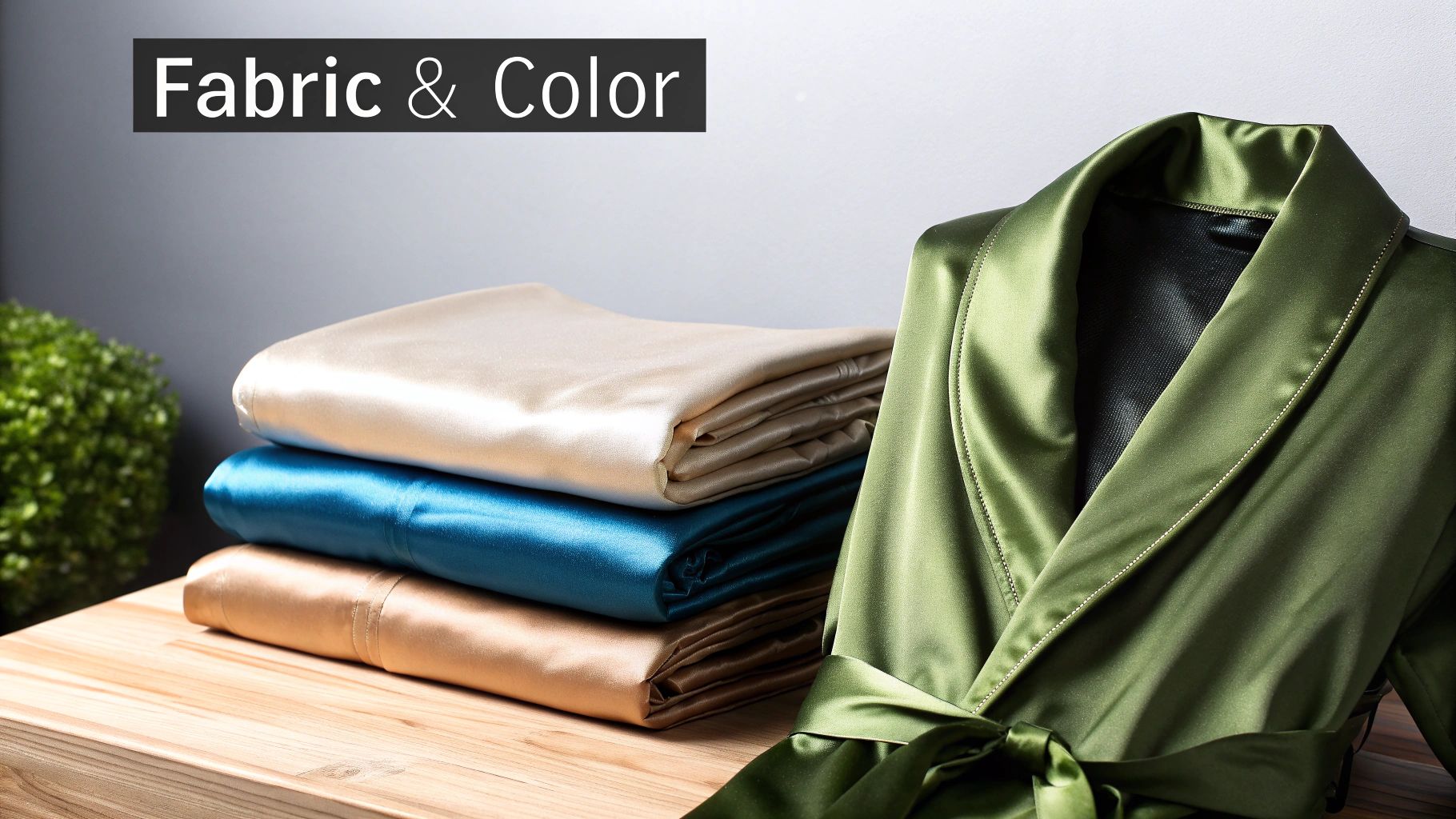 Luxurious satin fabrics in cream, teal, and gold, stacked with a green satin robe, highlighting 'Fabric & Color'.