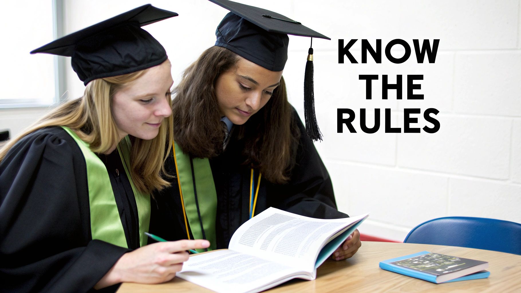 Two female graduates in caps and gowns diligently studying an open book together at a wooden table.