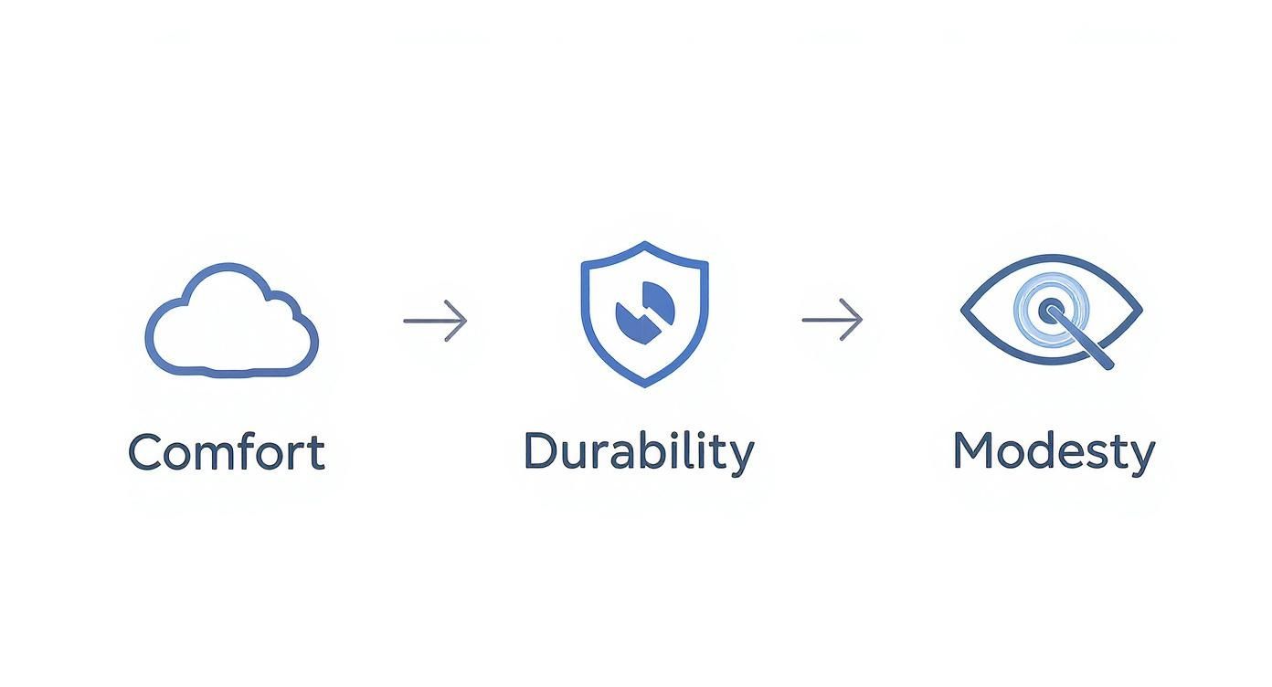 A diagram showing Comfort (cloud), Durability (shield), and Modesty (eye) icons connected by arrows.