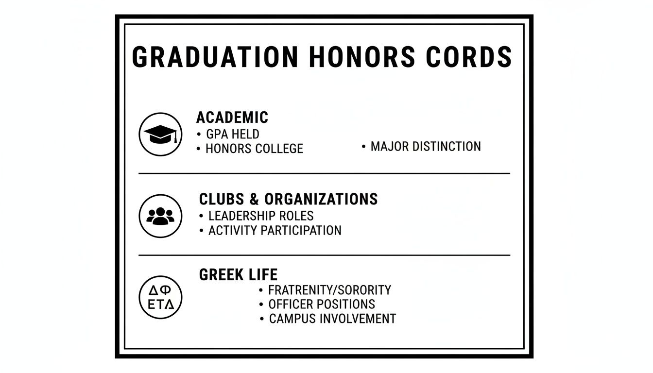 A graphic outlining criteria for graduation honors cords: academic, clubs and organizations, and Greek life.