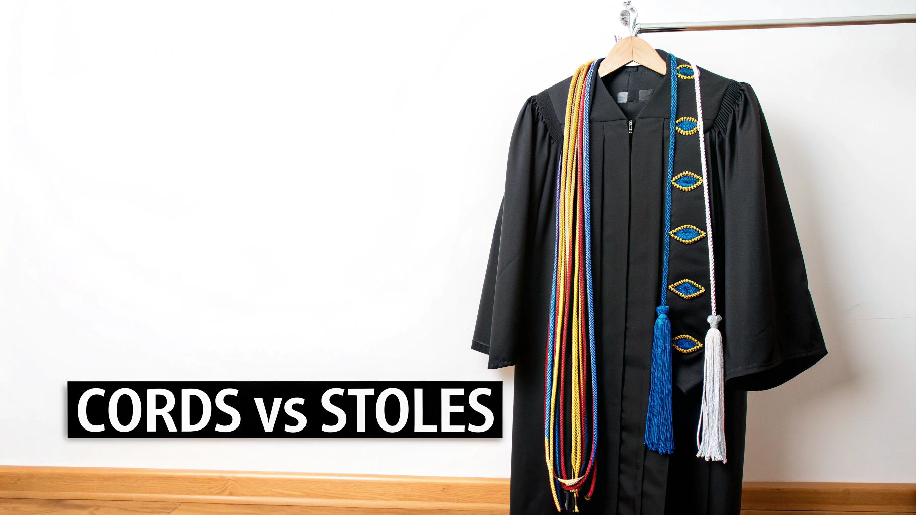 A black graduation gown with colorful honor cords and decorative stoles on a hanger.
