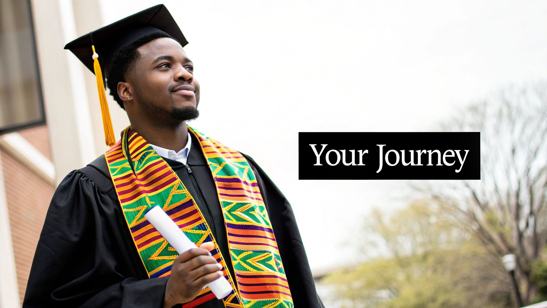 A proud Black graduate in cap, gown, and kente stole holding a diploma, looking forward. Text: Your Journey.