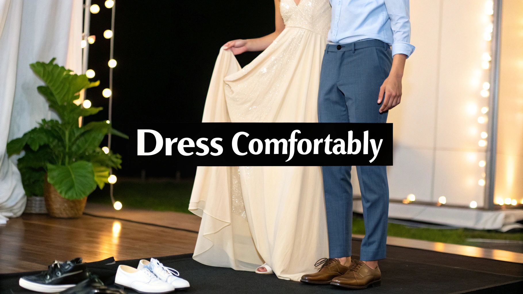 A woman in a shimmering dress and a man in smart casual attire, with comfortable shoes displayed.