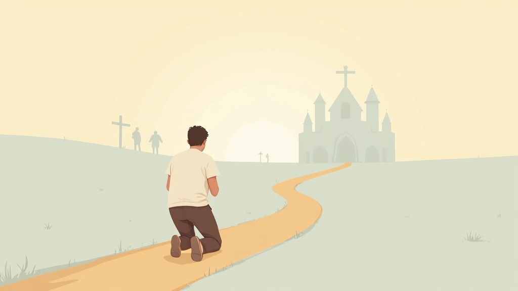 A person kneeling on a winding path towards a church, symbolizing spiritual devotion and seeking faith.