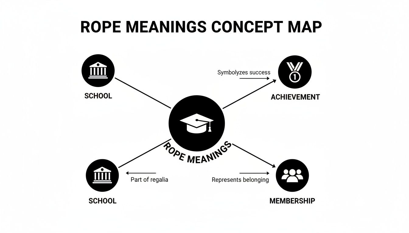 A concept map showing rope meanings connected to school, achievement, and membership, with a graduation cap icon.