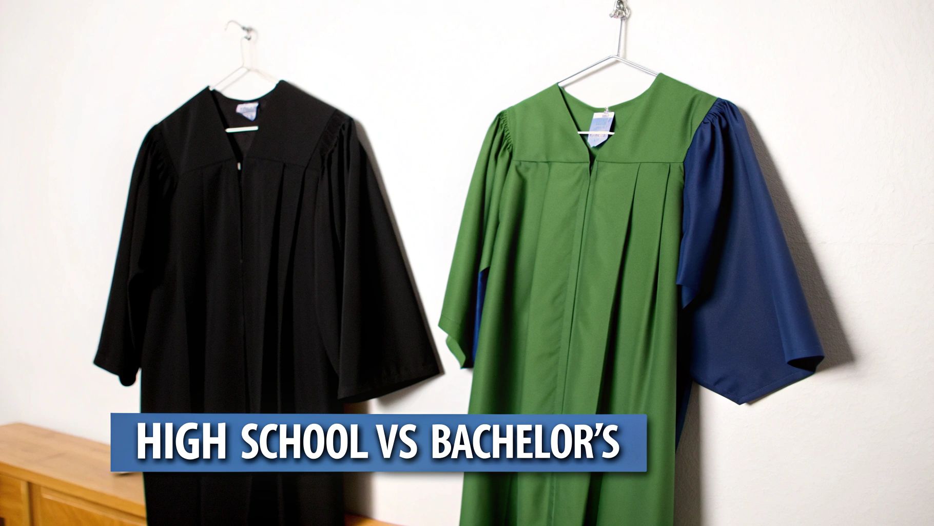Two graduation gowns hanging: a black one for high school and a green and blue one for a bachelor's degree.