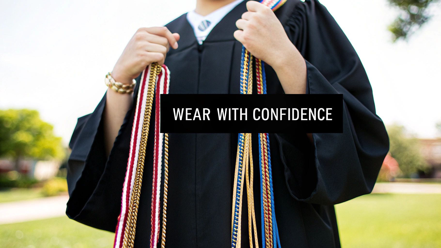 A graduate in a black gown holding multiple colorful honor cords, with text 'WEAR WITH CONFIDENCE'.