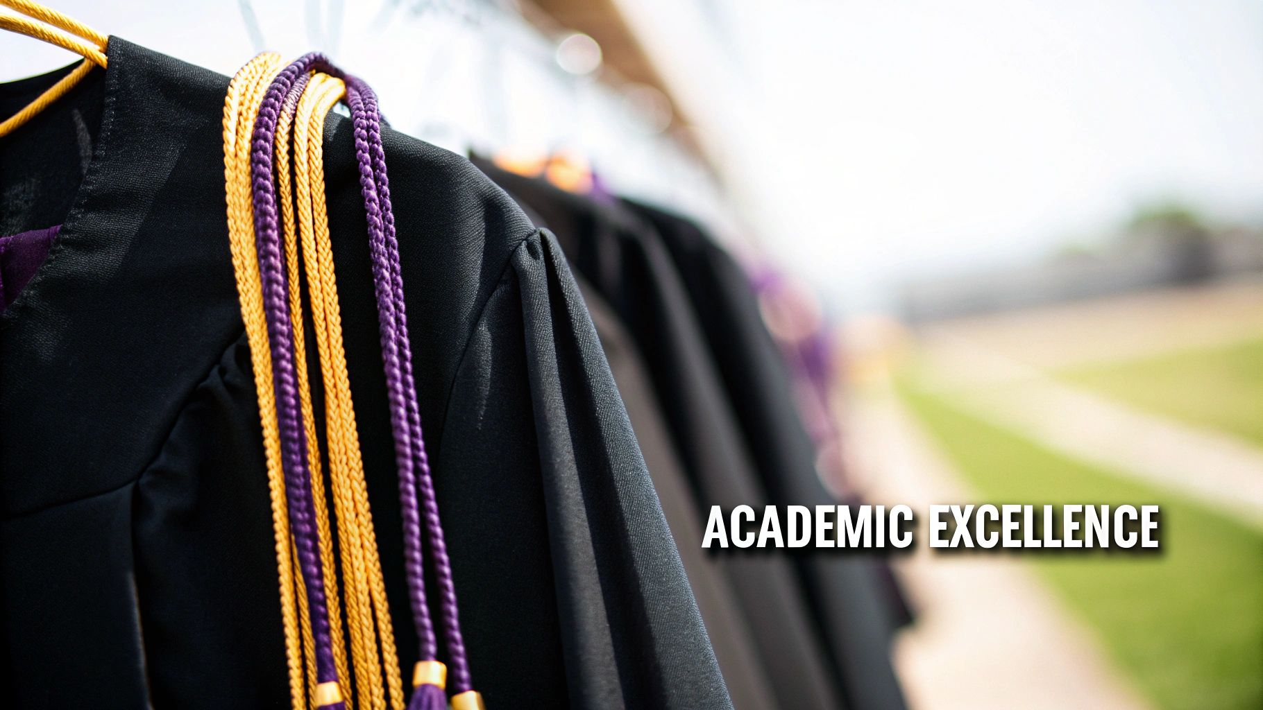 Black graduation gowns with purple and gold honor cords hanging, symbolizing academic excellence.