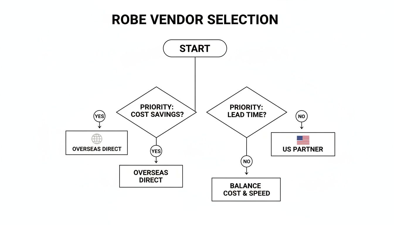 A decision flowchart for robe vendor selection, prioritizing cost savings or lead time.