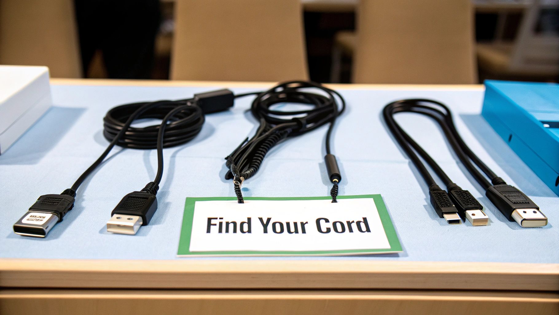 A selection of black electronic cables and connectors on a table, with a 'Find Your Cord' sign.
