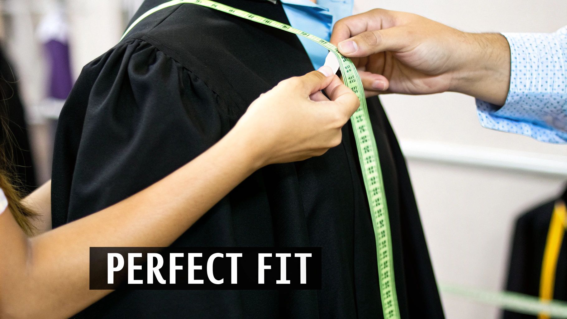 Close-up of two people carefully measuring a black graduation gown with a green tape measure.