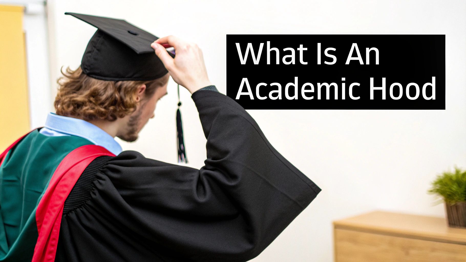 A person in a graduation cap, black gown, and green and red academic hood, with text 'What Is An Academic Hood'.
