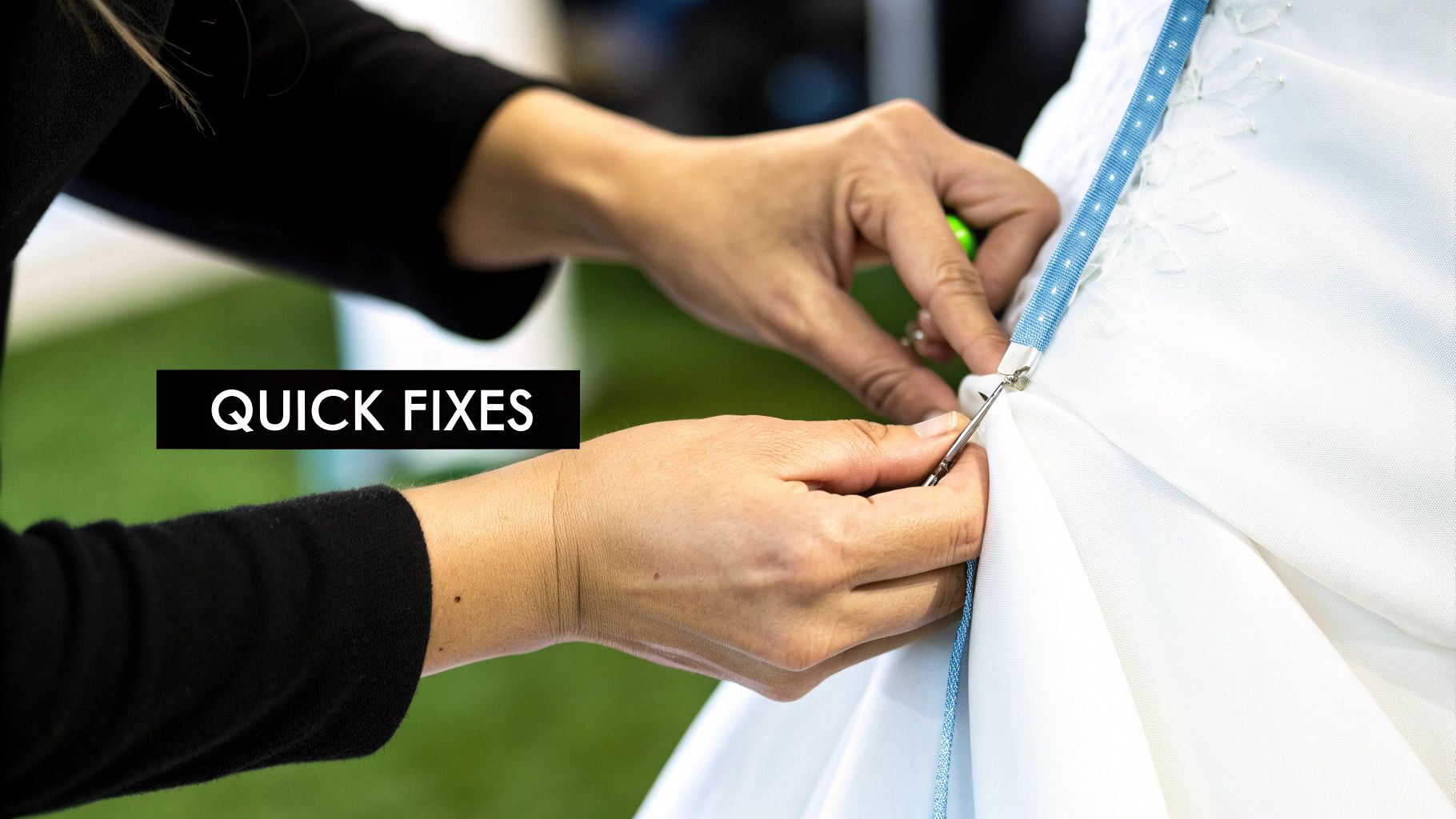 A person's hands are pinning and adjusting a white dress with a measuring tape, demonstrating quick fixes.