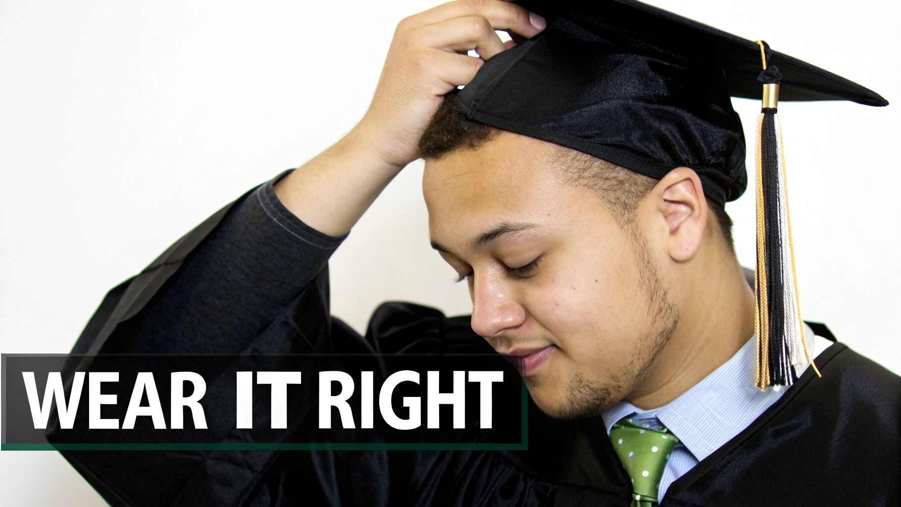 A graduate in a black cap and gown adjusts his cap, with 'WEAR IT RIGHT' text.