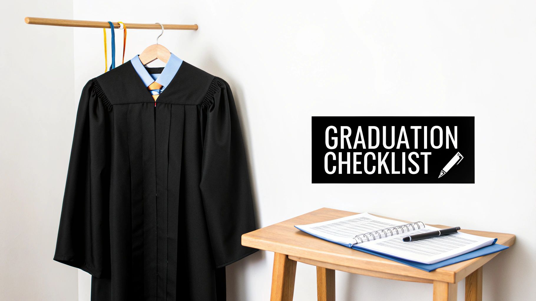 A black graduation gown hangs on a wooden rod next to a 'GRADUATION CHECKLIST' sign, with a notebook and pen on a stool.