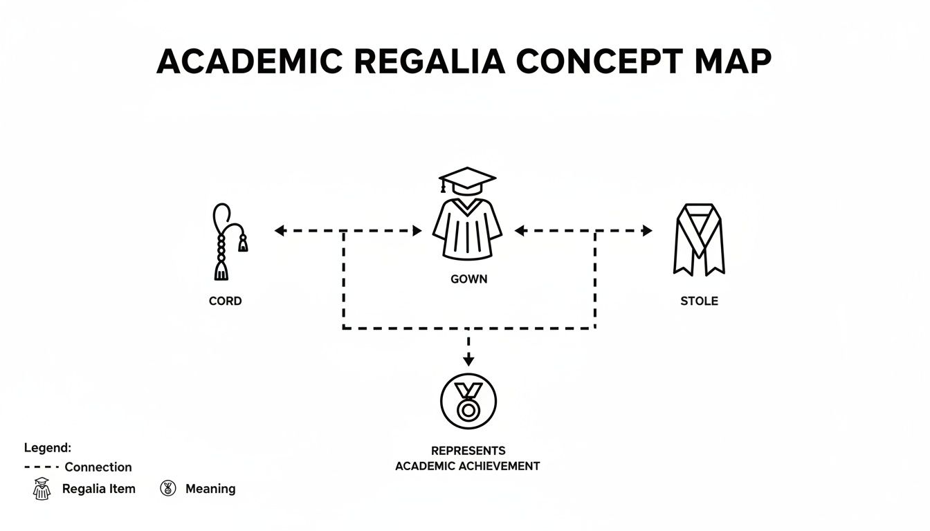Academic regalia concept map illustrating a gown, cord, and stole representing academic achievement.
