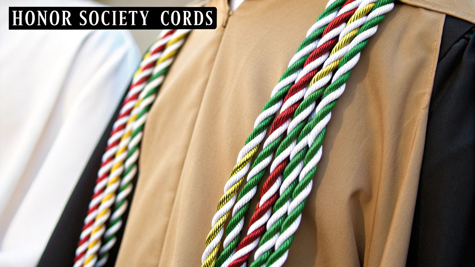 Close-up of vibrant red, white, green, and gold honor society cords draped on a tan graduation gown.