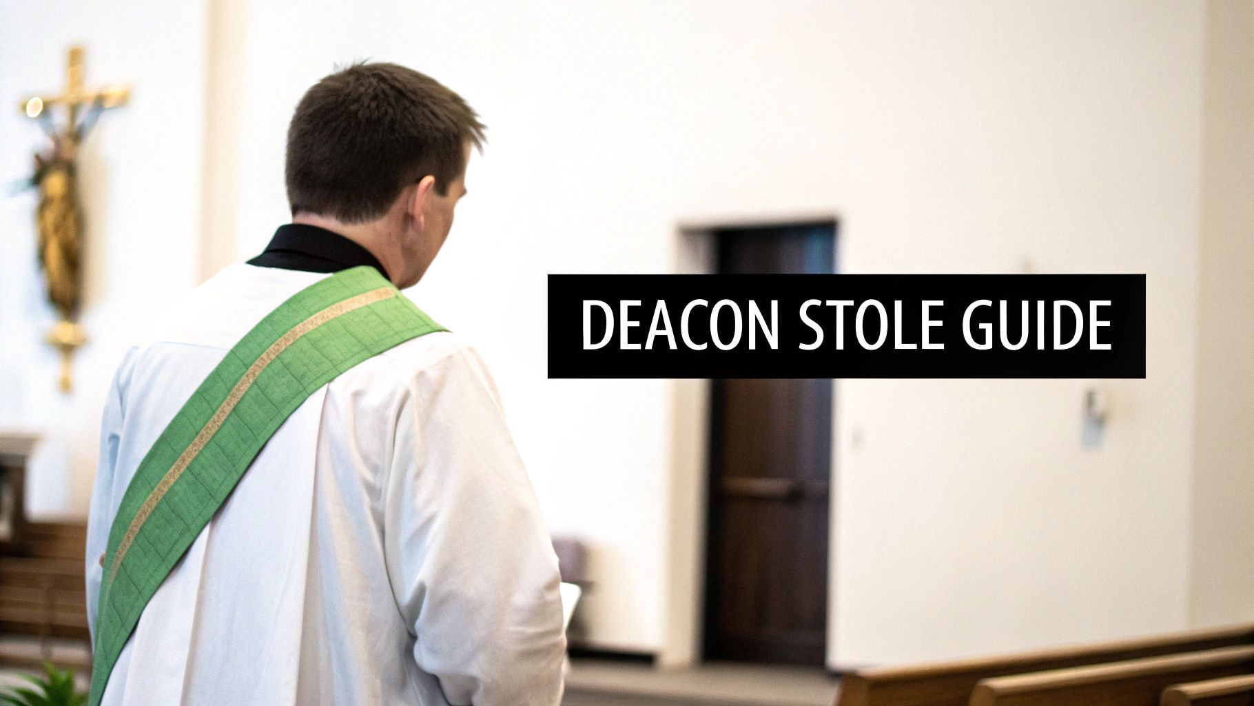 Back view of a deacon in a white alb and green stole, standing in a church with a crucifix.