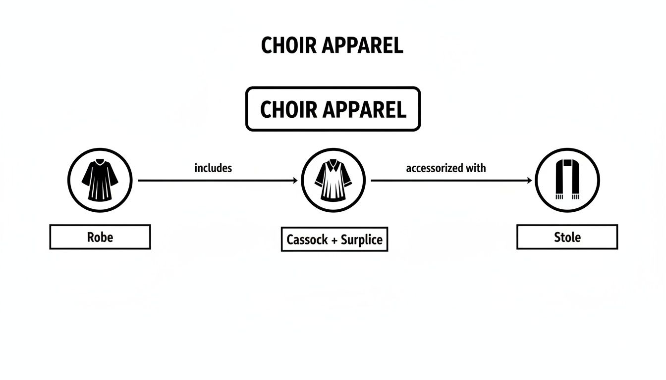 Diagram illustrating choir apparel, showing a robe, a cassock and surplice, and a stole.