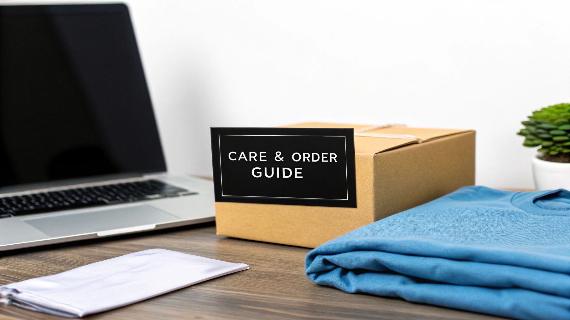E-commerce package with a care and order guide, folded blue t-shirt, and laptop on a wooden desk.