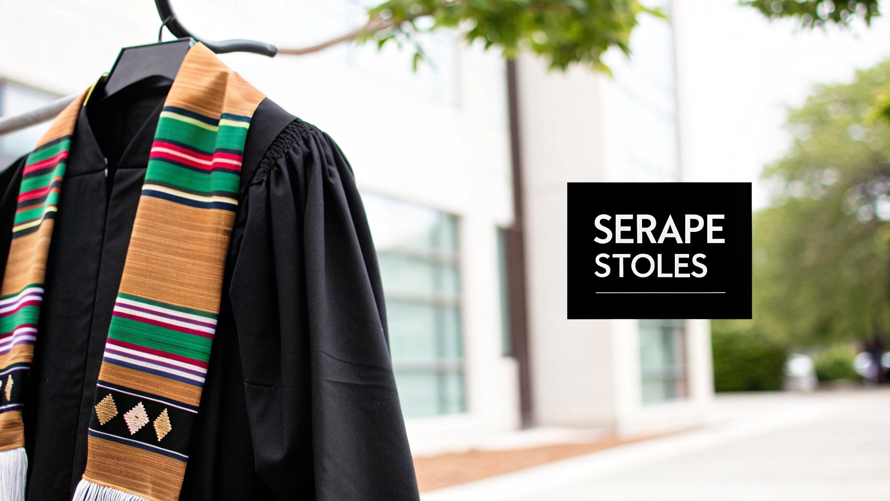 A black graduation gown hangs with a vibrant serape stole featuring colorful stripes and diamond patterns.