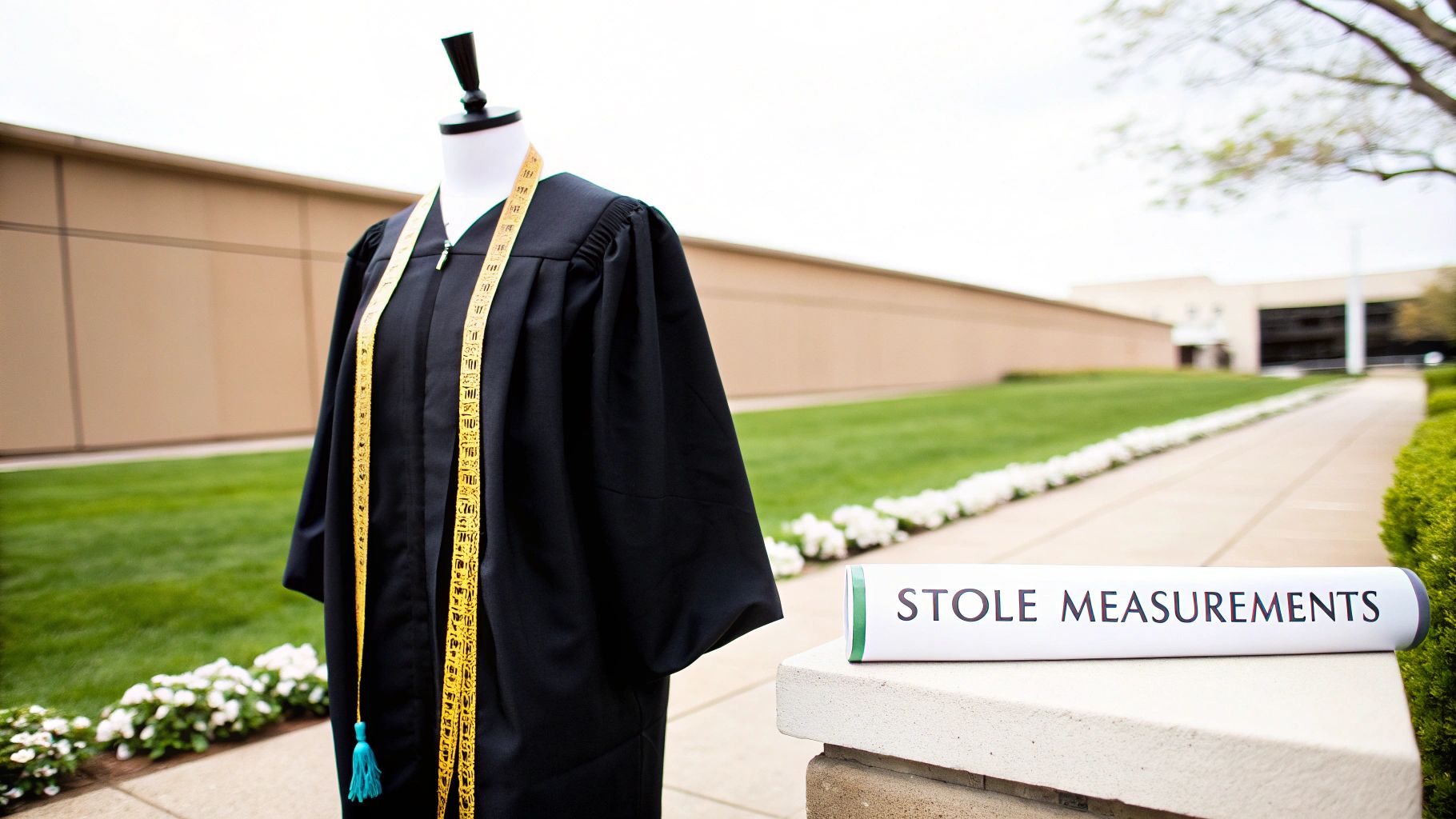 A black graduation gown and a gold measuring tape stole on a mannequin outdoors, with a 'Stole Measurements' sign.
