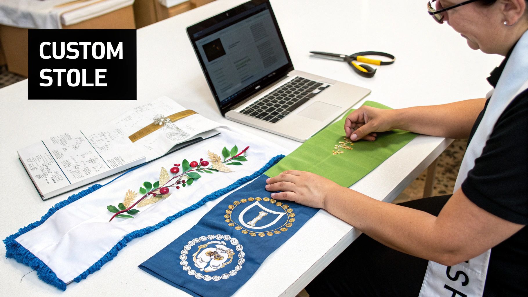 A person crafting custom stoles with intricate embroidery designs on a white table.