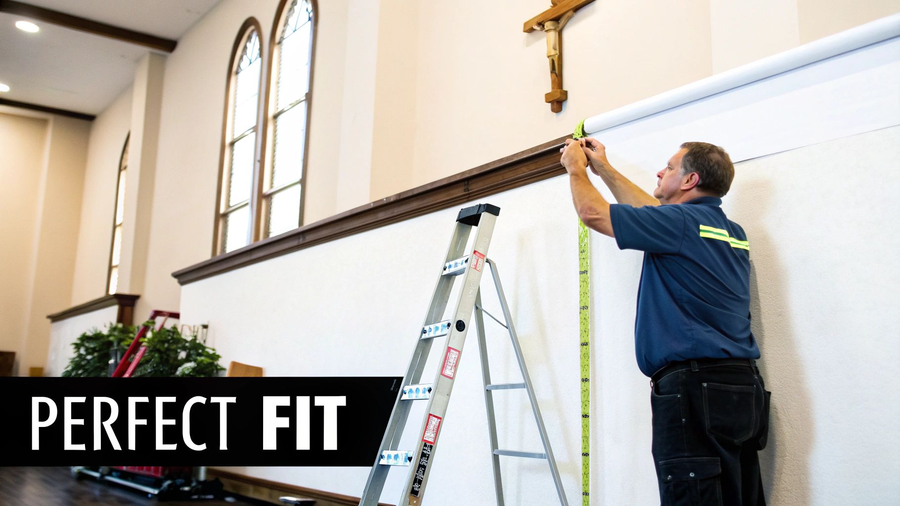 Technician precisely measures a white banner for installation in a church sanctuary.