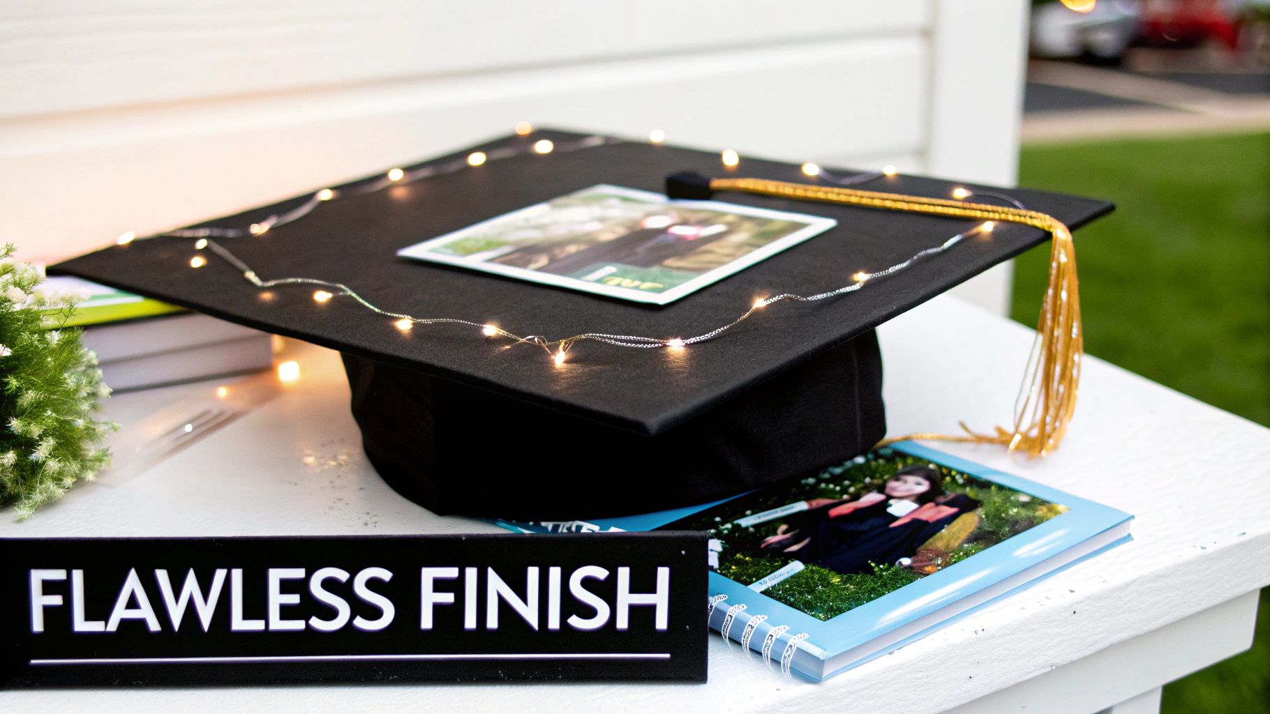 A black graduation cap decorated with string lights, a photo, and a golden tassel.