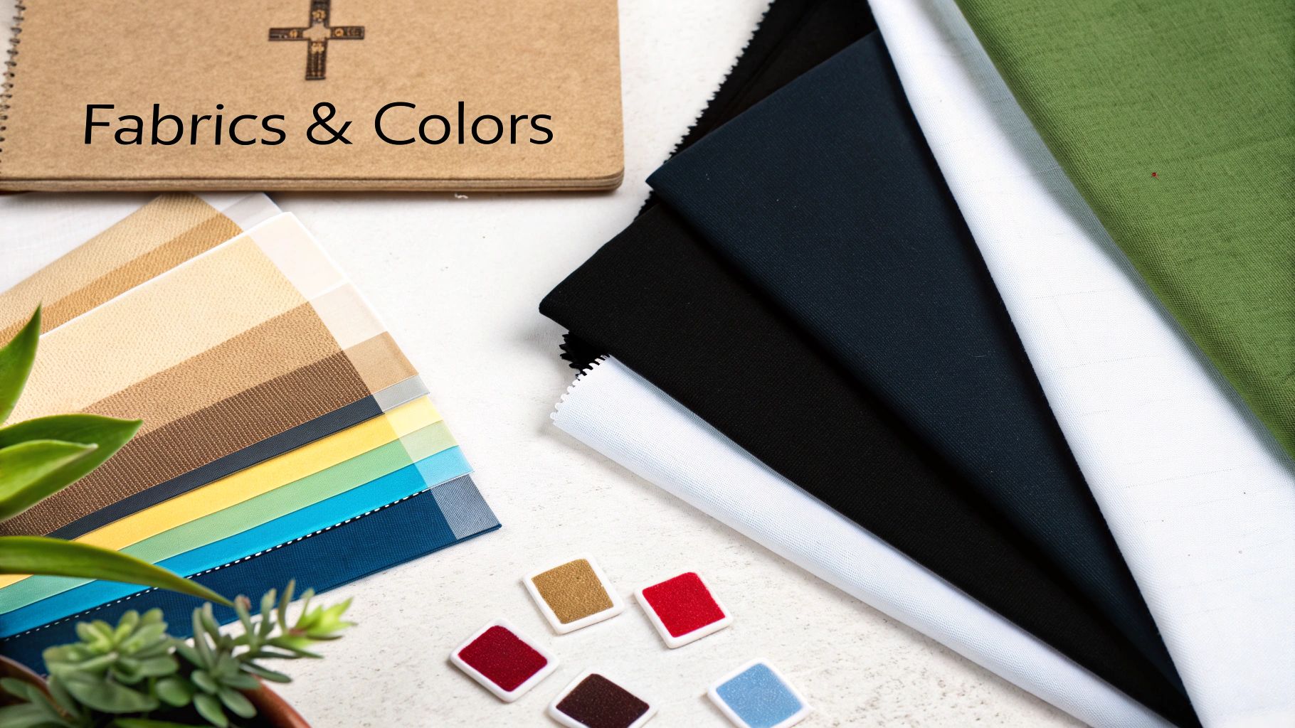 A collection of fabric swatches and color palettes for apparel design, including various textiles.