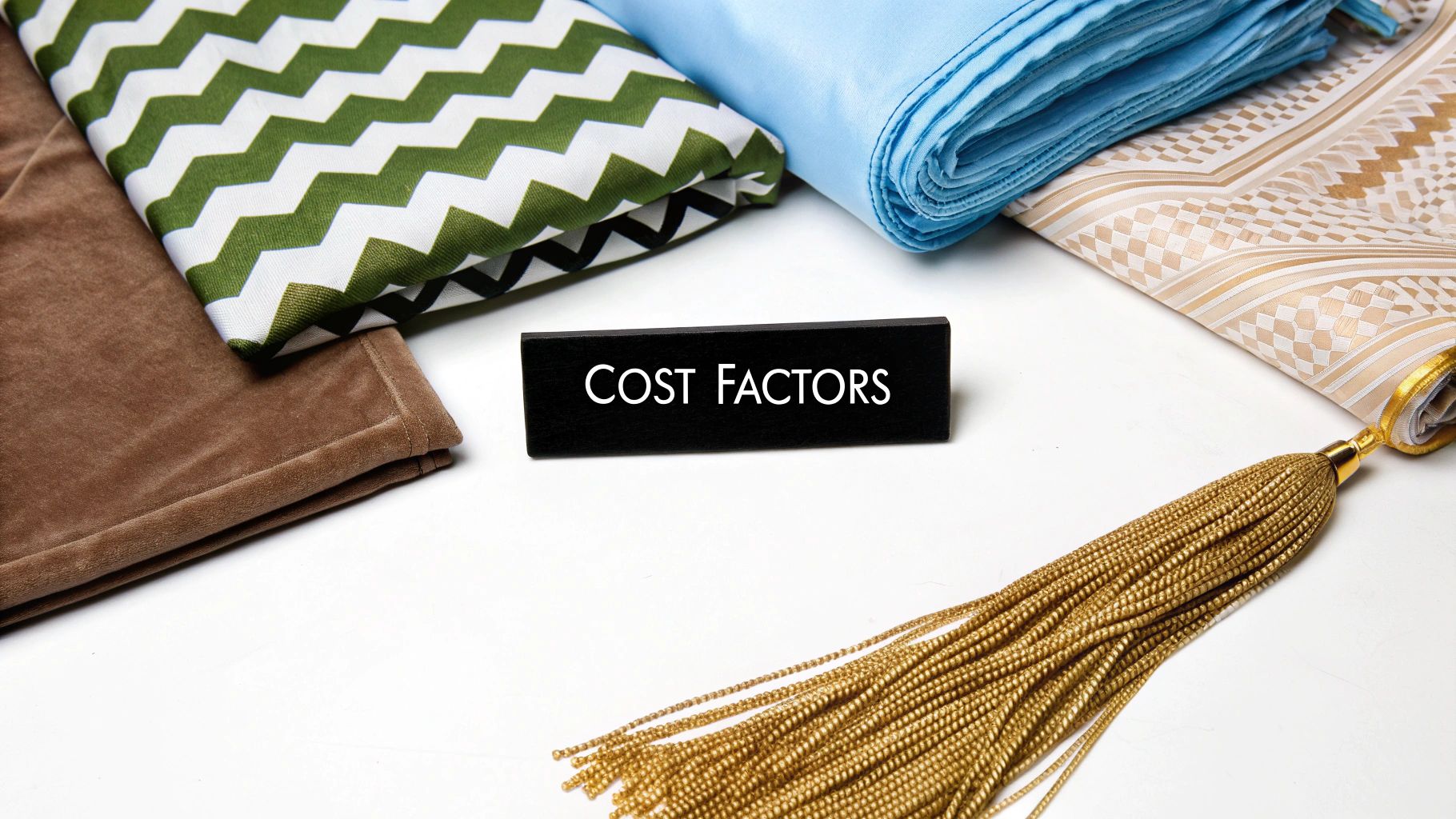 A black block with 'COST FACTORS' surrounded by various fabrics and a golden graduation tassel.
