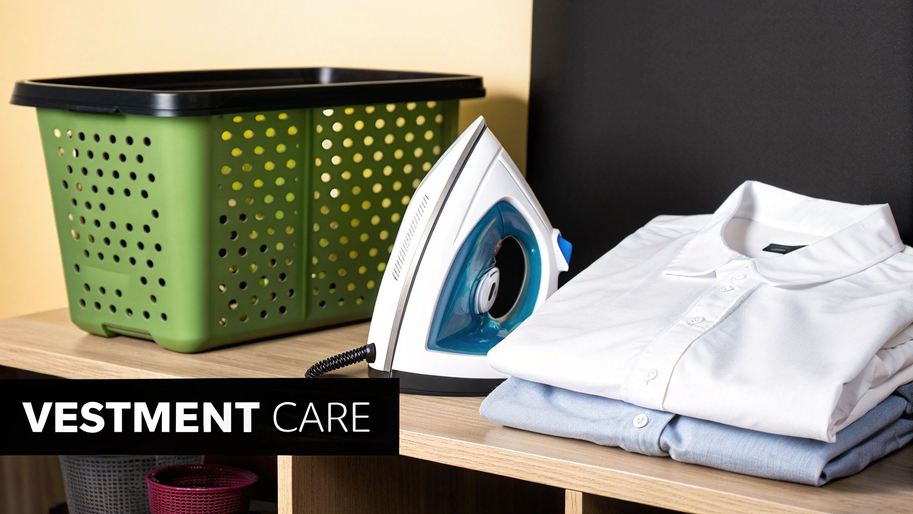 An iron, a green laundry basket, and neatly folded shirts on a wooden shelf for vestment care.