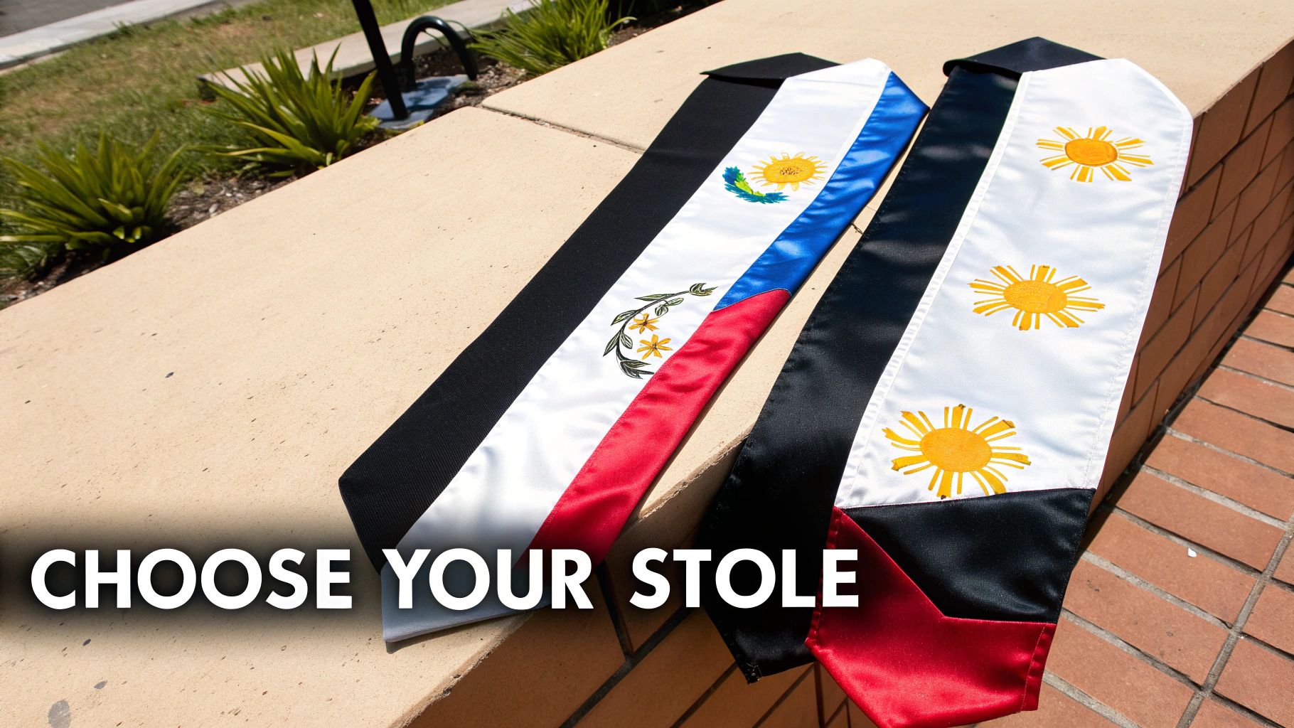 Two graduation stoles, one with a sun and flowers, the other with Philippine flag design.