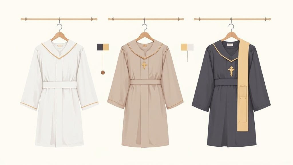 Three ceremonial robes in white, beige, and grey with gold accents, suitable for religious services.