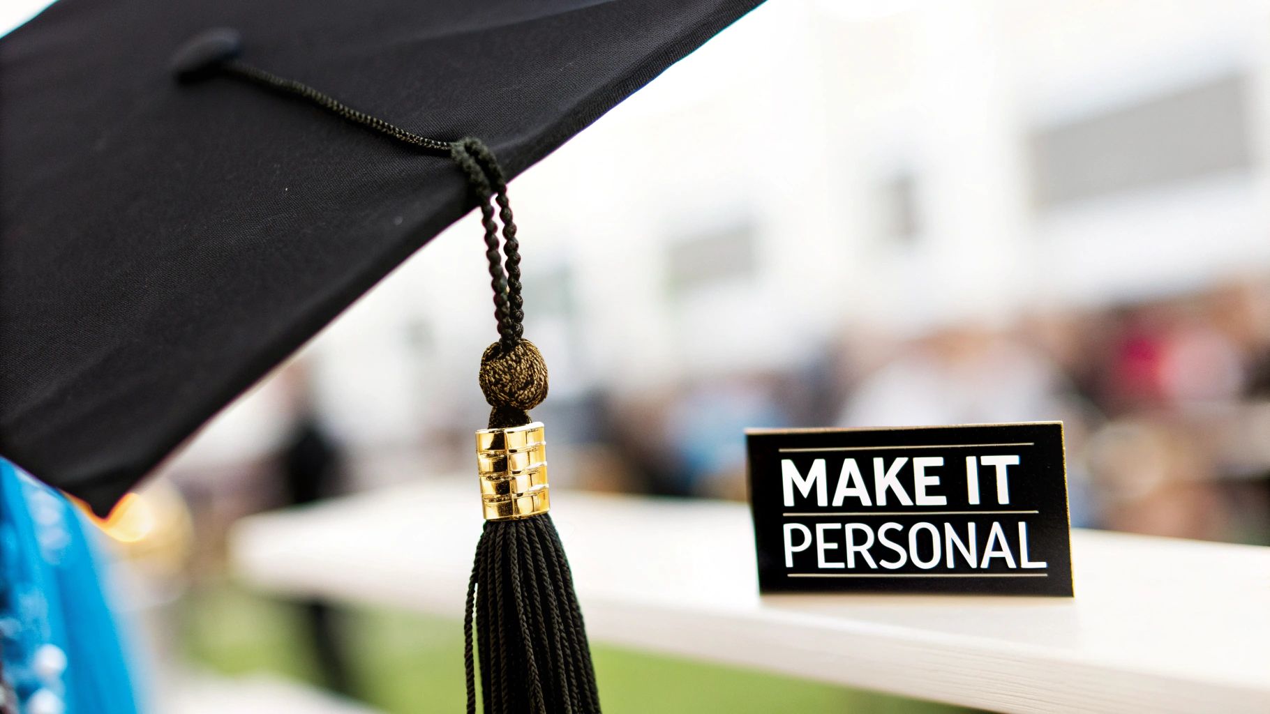 A close-up of a black graduation cap and tassel next to a sign saying "MAKE IT PERSONAL".