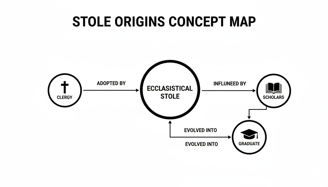 A concept map illustrating the origins and evolution of the stole, connecting clergy, scholars, and graduates.