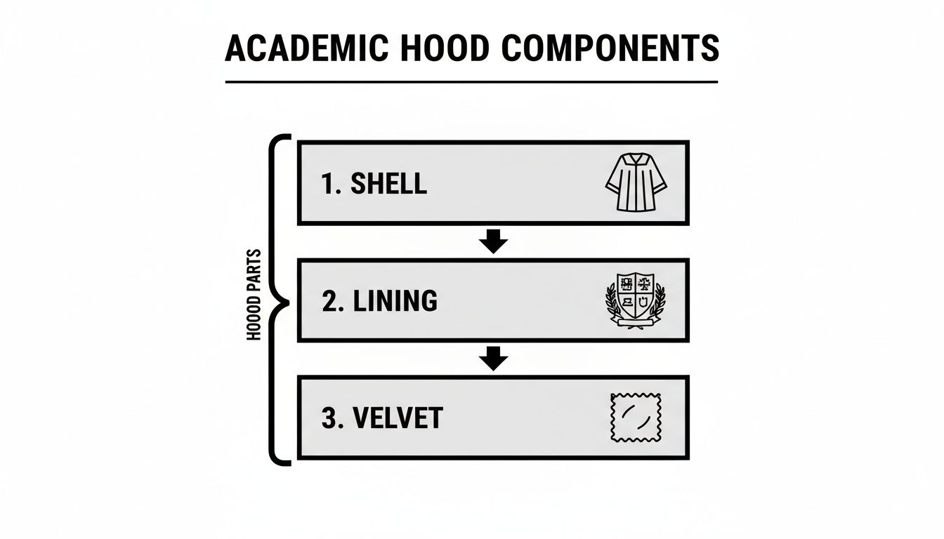 Diagram illustrating the three main components of an academic hood: shell, lining, and velvet.