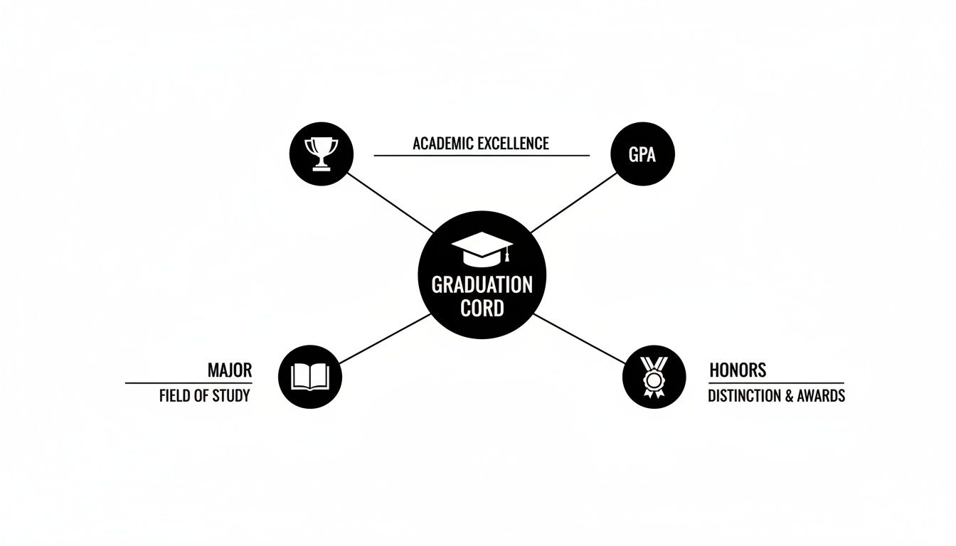 A diagram explaining graduation cords, linking them to academic excellence, GPA, major field of study, and honors.